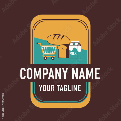 Retro Grocery Store Logo with Shopping Cart and Food.