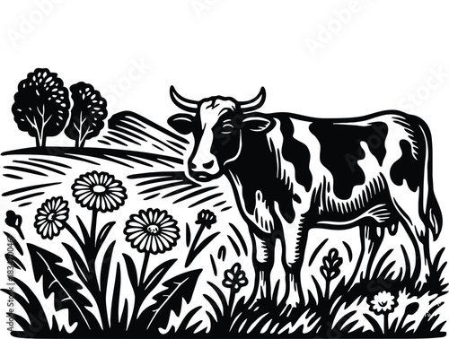 Hand drawn illustration of dairy cow in pasture with wildflowers.