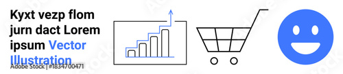 Business growth, online shopping, customer satisfaction, ecommerce, market trends, analysis tools. Features bar chart with growth arrow, shopping cart happy face. Business growth and online shopping