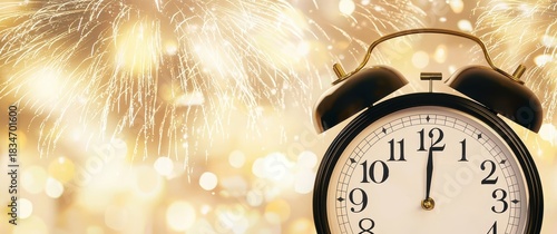 Alarm clock showing midnight, celebrating a New Year's Eve countdown with golden fireworks and bokeh lights. Copy space