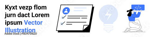 Technology, productivity, innovation, coding, user interaction, web development. Document with user icon and checklist, light bulb person coding. Technology and productivity concept