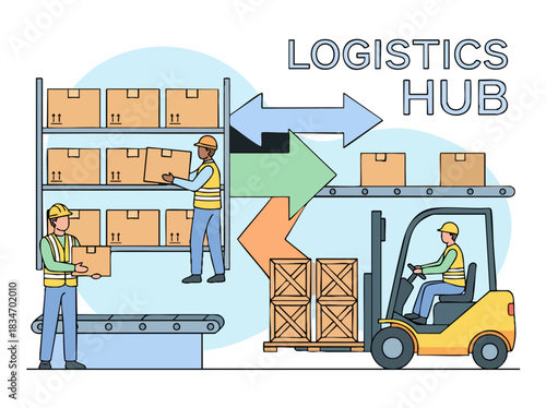 Logistics Hub - Warehouse Workers and Forklift in Action, Shipping and Delivery.