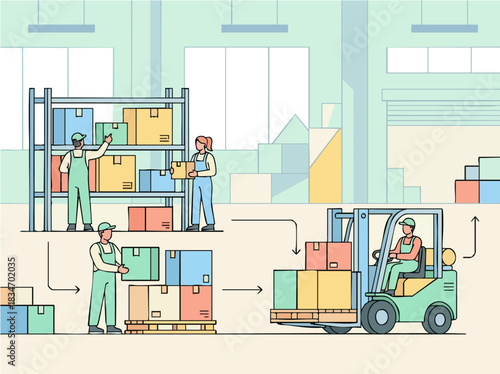 Warehouse workers managing inventory and moving boxes with forklifts and pallets.