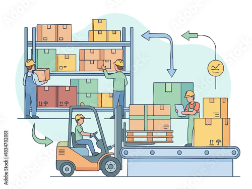 Warehouse operations - workers, forklift, and conveyor belt, handling packages efficiently.