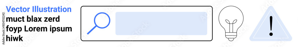 Fototapeta premium Internet search, innovation, problem-solving, online navigation, digital tools, alert systems. A search bar with magnifying glass, light bulb and a warning icon. Internet search and innovation