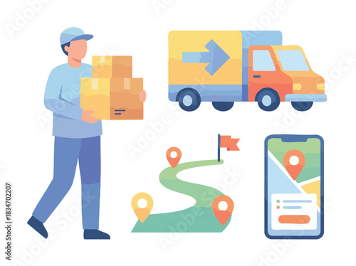 Delivery man carrying packages with a truck, route map, and phone app.