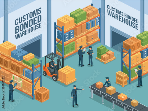 Warehouse operations - Customs bonded warehouse with logistics and workers.