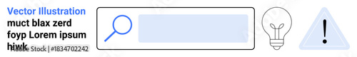 Internet search, innovation, problem-solving, online navigation, digital tools, alert systems. A search bar with magnifying glass, light bulb and a warning icon. Internet search and innovation