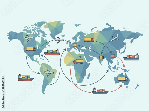 Global logistics and transportation network with cargo ships and trucks.