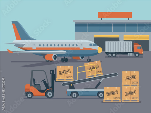 Air cargo transportation with airplane, forklift, and packages ready for shipping and delivery.