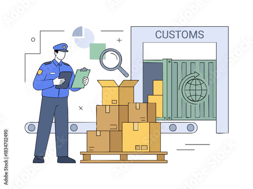 Customs officer inspecting packages at the border control, import and export.