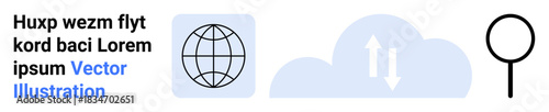Networking, cloud computing, data exchange, internet search, online technology, global communication. Icons include a globe, cloud with arrows and magnifying glass. Networking and cloud computing
