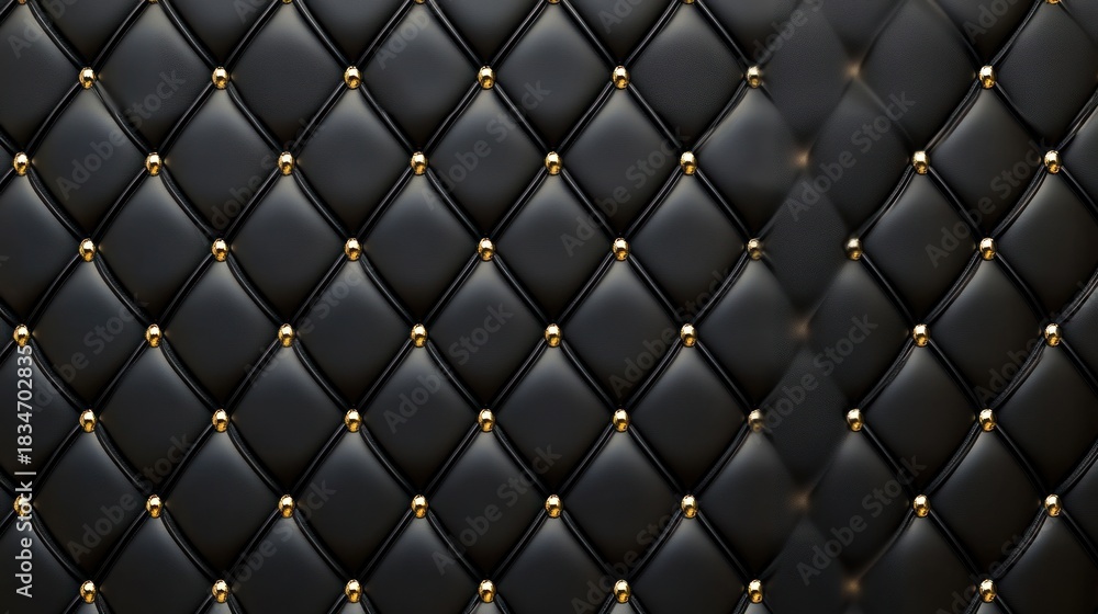 Fototapeta premium Elegant black leather upholstery with golden buttons for backgrounds