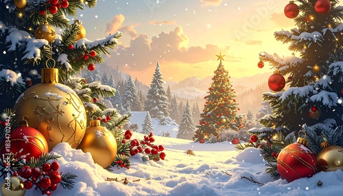 Merry christmas and happy new year 2026 with festive decorations and golden ornaments