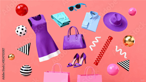 fashion accessories floating on pink background with empty space