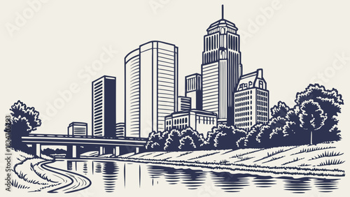 Houston skyline with river and bridge, vibrant urban scene illustration. Suitable for travel guides, city promotions, brochures, and website banners.