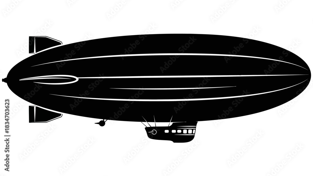 Fototapeta premium Black silhouette of an airship, a dirigible, on a white background, illustration