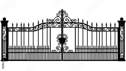 Elegant wrought iron gate with ornate scrollwork and finials, symbolizing security and grandeur