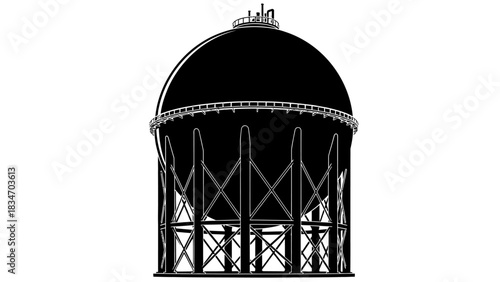 A black and white illustration of a large spherical storage tank on a metal support structure