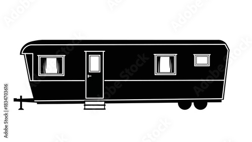 Black and white illustration of a caravan, a type of recreational vehicle for camping and travel