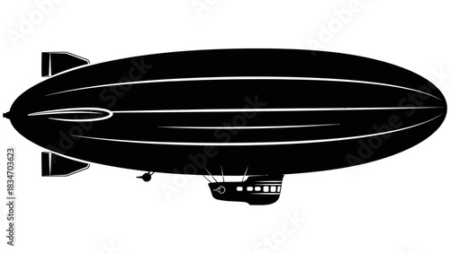 Black silhouette of an airship, a dirigible, on a white background, illustration