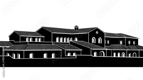 Architectural Silhouette of a Large Ancient Building with Multiple Wings and Courtyards