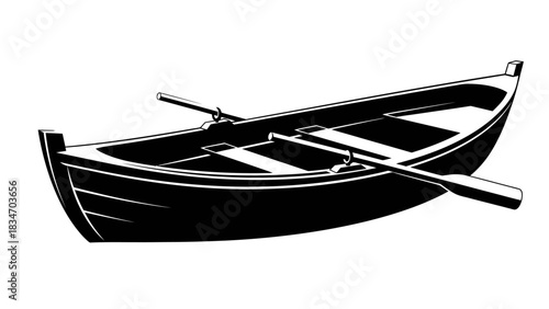 A black and white illustration of a rowboat with oars, perfect for nautical themes and water activities