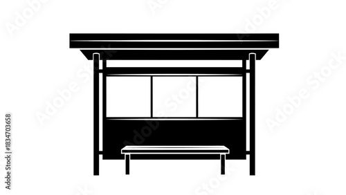 Bus Stop Shelter with Bench and Three Panels - Black and White Silhouette