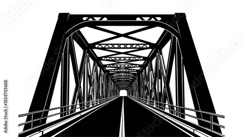 Perspective view of a steel truss bridge leading to a vanishing point on a clear day
