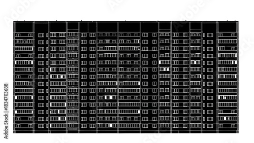 Abstract architectural facade of a modern apartment building with repeating window patterns