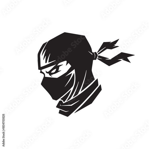 Stealthy Black Masked Warrior Head Profile with Tied Headscarf Silhouette Design Element