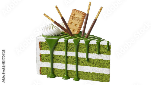 Delicious Slice of Matcha Layer Cake Topped with Whipped Cream Chocolate Sticks and a Biscuit on a Transparent Background