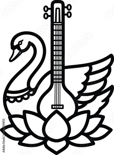 saraswati veena swan lotus symbol vector elegant hindu musical instrument and spiritual flower line art