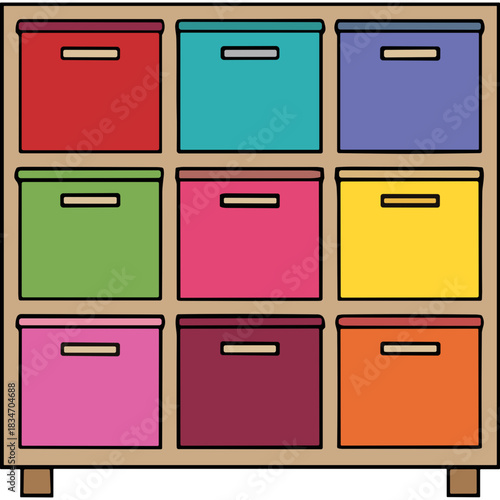 Colorful Cube Storage Organizer with Nine Compartments Filled with Brightly Colored Storage Boxes Featuring Pull Handles Against a Black Background
