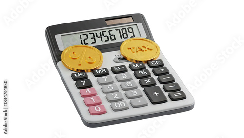 Digital Calculator With Gold Coins Displaying Tax Symbol And Percentage On Black Background