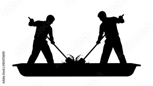 Two men mowing the lawn together in a boat