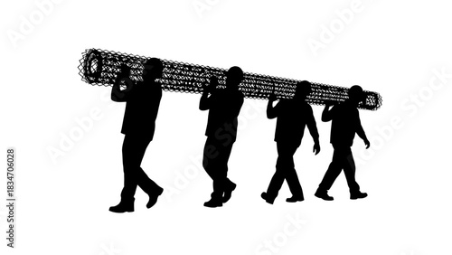 People carrying a large carpet in a coordinated effort