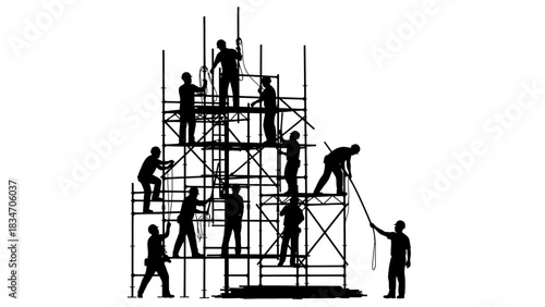 Construction workers build scaffolding for building development and urban progress