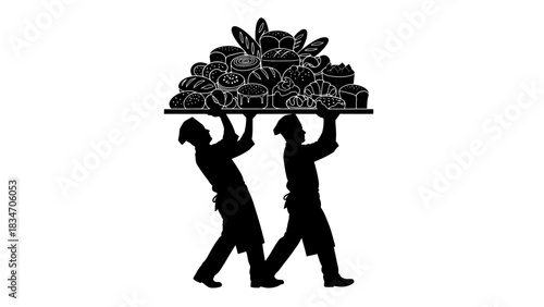 Illustration of bakers carrying a tray laden with baked goods, representing the art of baking and culinary crafts
