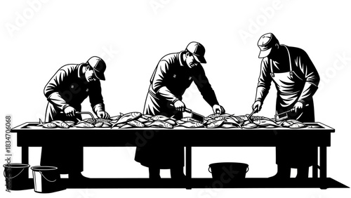Three fishermen prepare fresh catch on a long wooden table in a documentary-style illustration