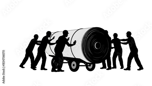 Team effort pushing a large roll on a cart, symbolizing collaboration and logistics