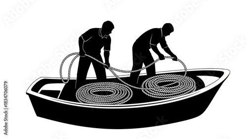 Two fishermen in a boat with coiled ropes, preparing for a day of fishing at sea