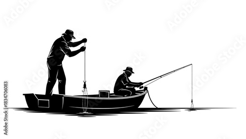 Two people fishing from a boat in the water, one standing and rowing while the other sits and casts a line