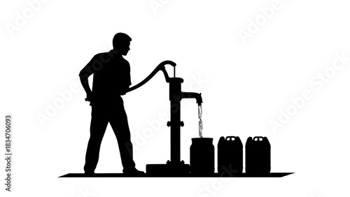 Silhouette of a person using a manual water pump to fill containers with water