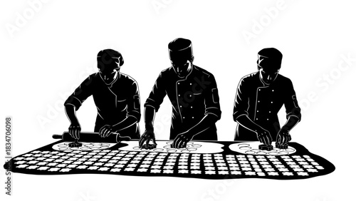 Three chefs working together preparing dough on a checkered surface, illustration