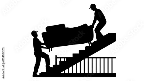 Two removal men carry a sofa up a flight of stairs on a white background