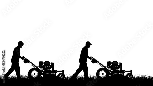 Two men pushing lawnmowers through grass on a white background, isolated silhouettes