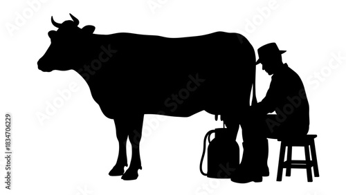 Silhouette of a farmer milking a cow into a pail, a symbol of agriculture and dairy production
