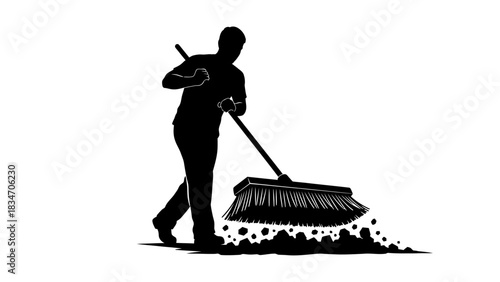 Silhouette of a person sweeping dirt with a large broom, symbolizing cleaning and tidiness