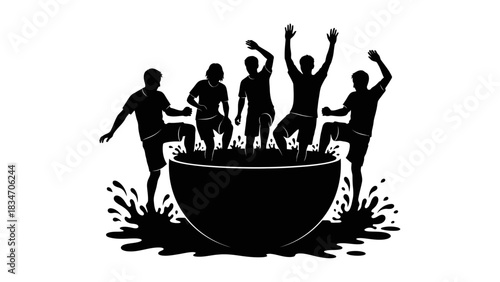 Joyful people jumping into a large bowl, symbolizing energetic activity and shared fun